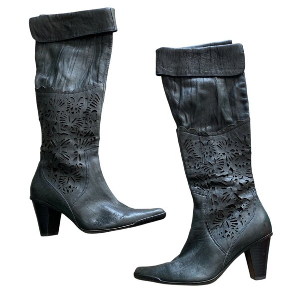 FUGITIVE Knee High Heel Leather Cowboy Boots - Picture 3 of 5